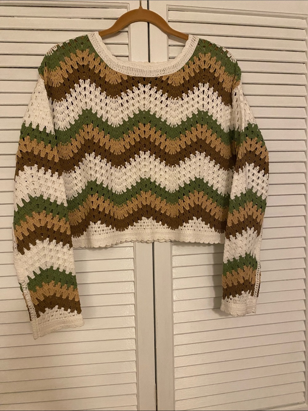 Crochet Chevron Crewneck Sweater in Cream, Green & Brown